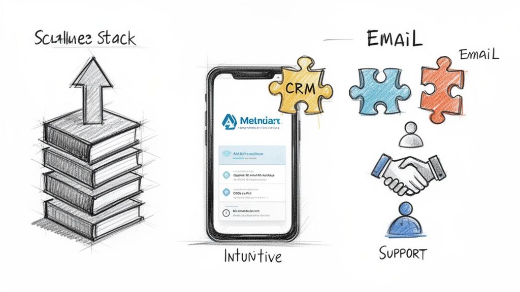 Conceptual diagram illustrating integrated business solutions: scalable stack, intuitive mobile app with CRM, email, and support.