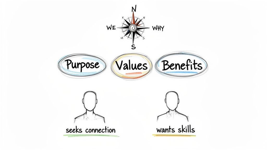 Diagram with a compass pointing to 'WHY', showing 'Purpose', 'Values', 'Benefits', and figures seeking connection and skills.