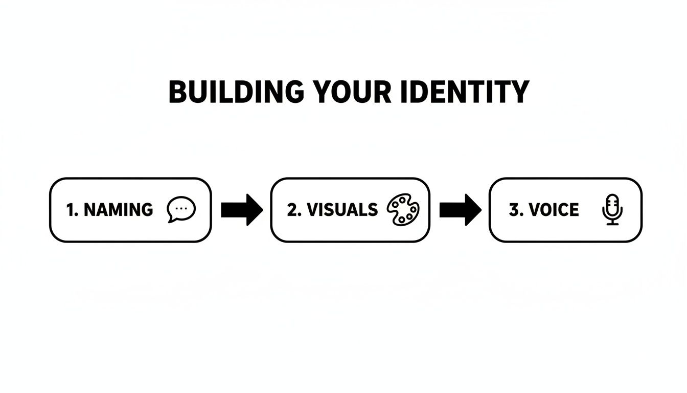 Flowchart showing three steps for building identity: naming, visuals, and voice with icons.