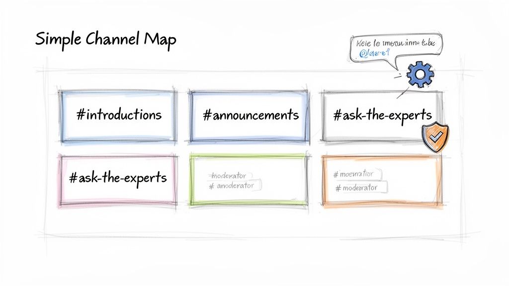 Simple channel map diagram with labels like #introductions, #announcements, and #ask-the-experts.