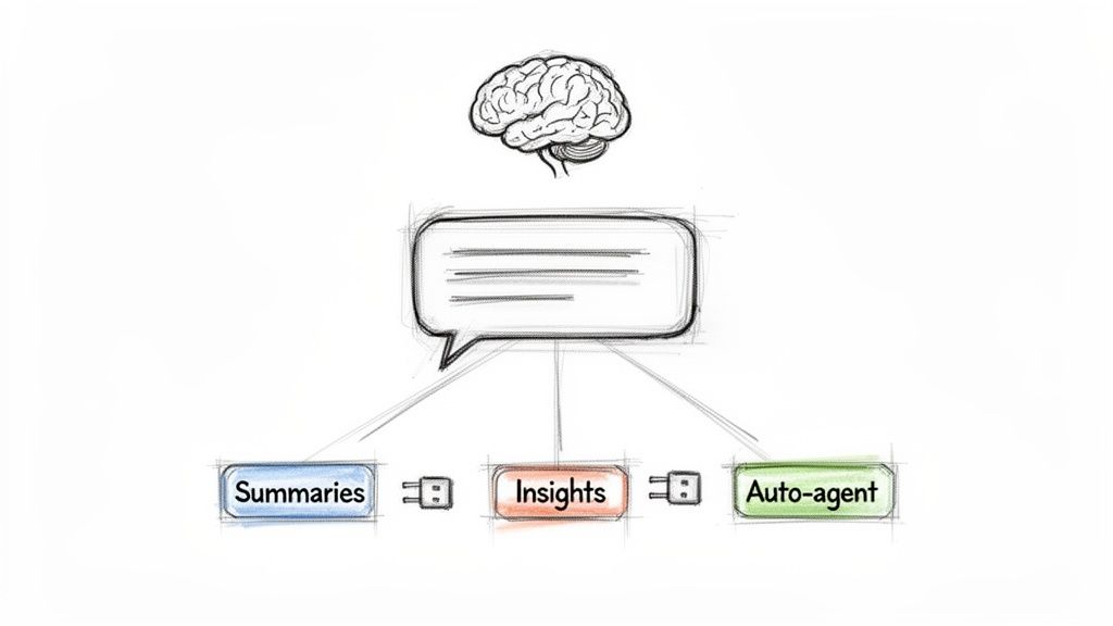Diagram illustrates a brain linked to a chat bubble, producing summaries, insights, and an auto-agent.