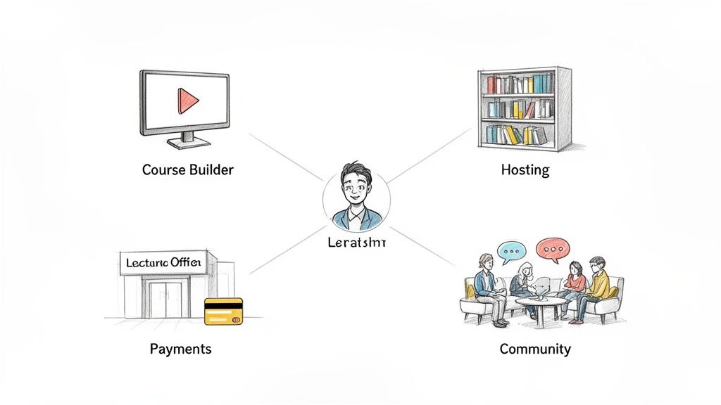 A diagram showing a person at the center connected to online course builder, hosting, payments, and community features.