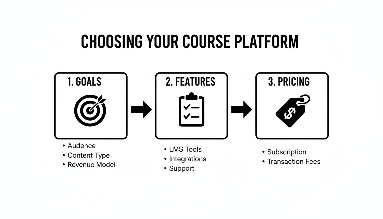 Flowchart illustrating three key steps for choosing an online course platform: goals, features, and pricing.