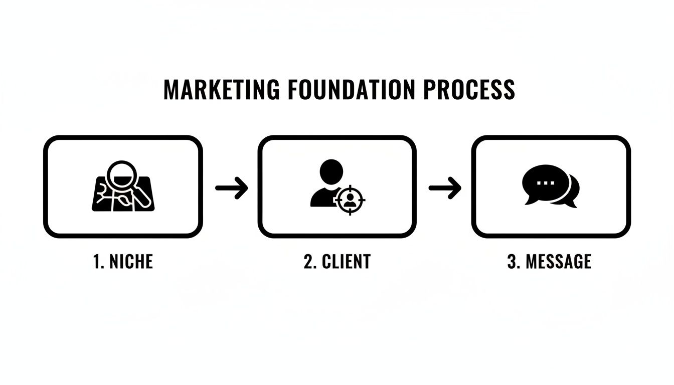A diagram illustrating the marketing foundation process with three key steps: Niche, Client, and Message.