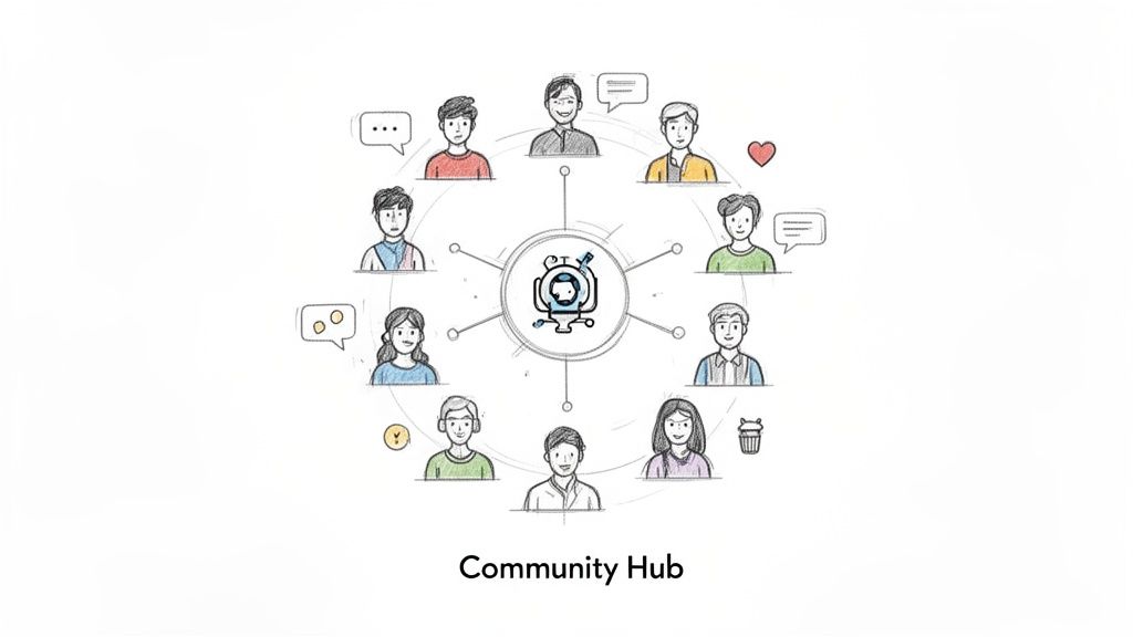 An illustration of diverse people connected to a central 'Community Hub' icon, symbolizing collaboration and networking.