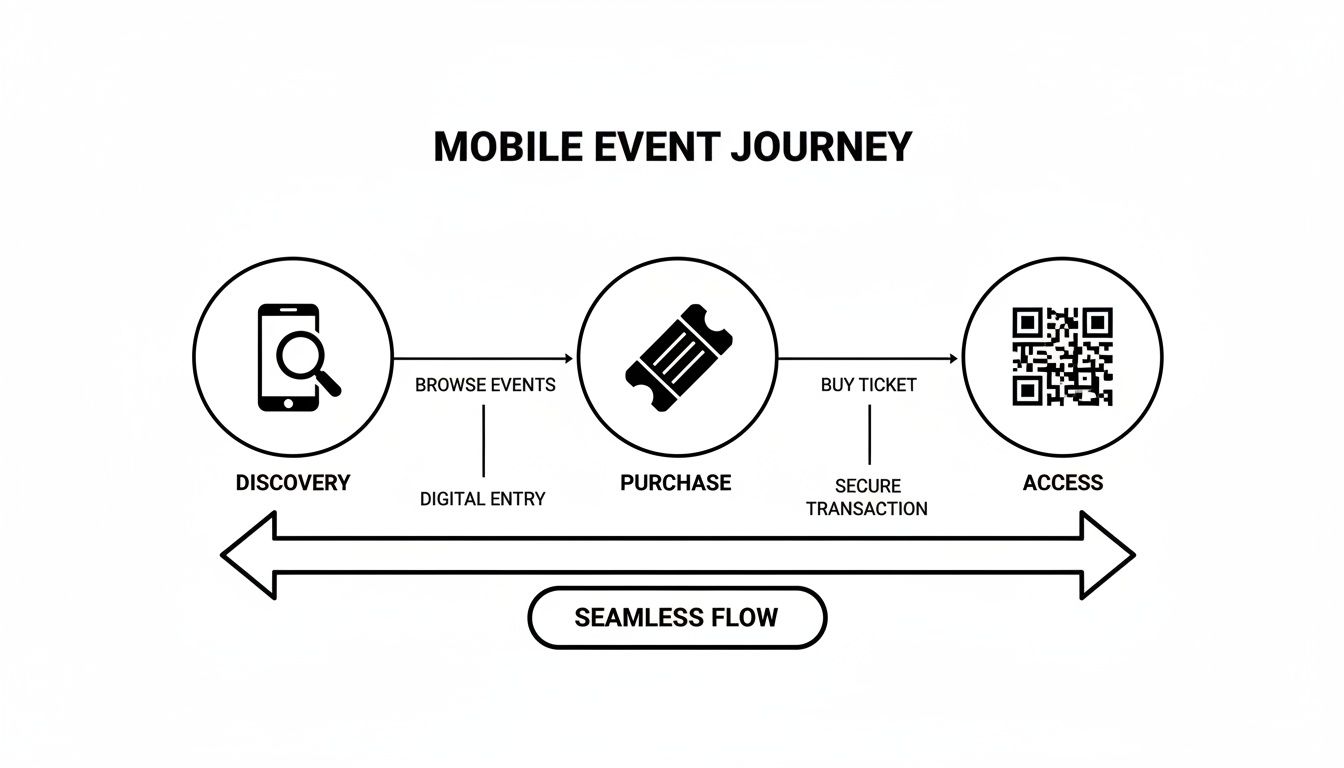 A flowchart showing the mobile event journey from discovery, through purchase, to access, emphasizing a seamless flow.