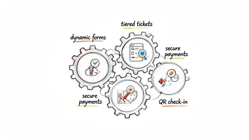 Four interlocking gears illustrate key online event ticketing system features: dynamic forms, tiered tickets, secure payments, and QR check-in.