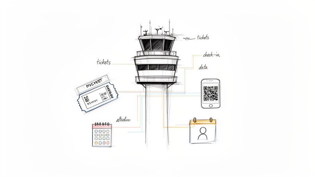 Sketch of an airport control tower central to tickets, check-in data, and calendars, illustrating a connected system.