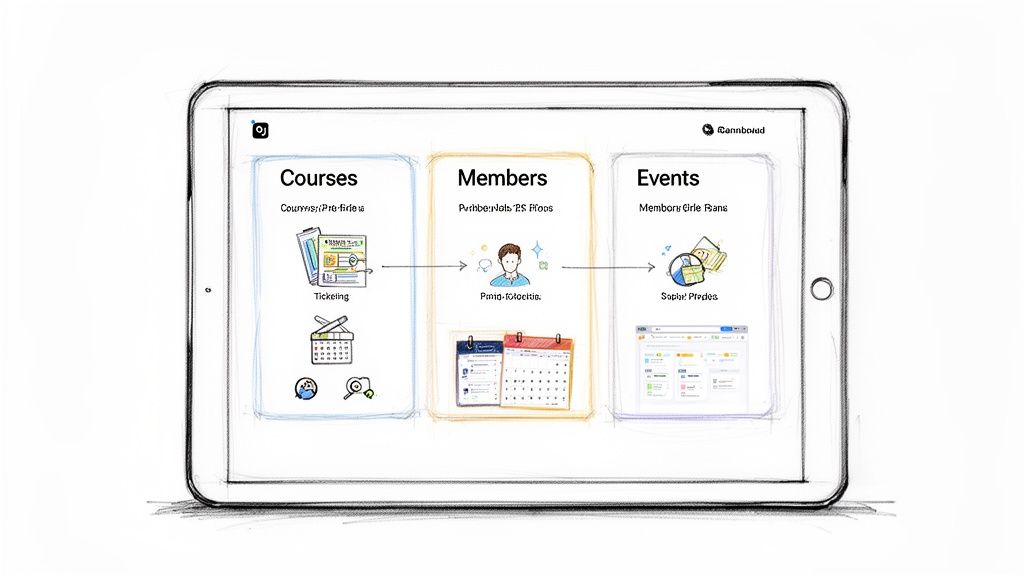 Tablet screen sketch displaying an interconnected system for managing online courses, members, and events.
