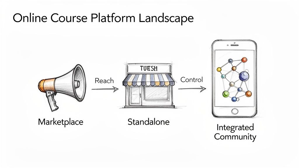 Diagram showing the online course platform landscape from Marketplace to Standalone to Integrated Community, depicting reach and control.
