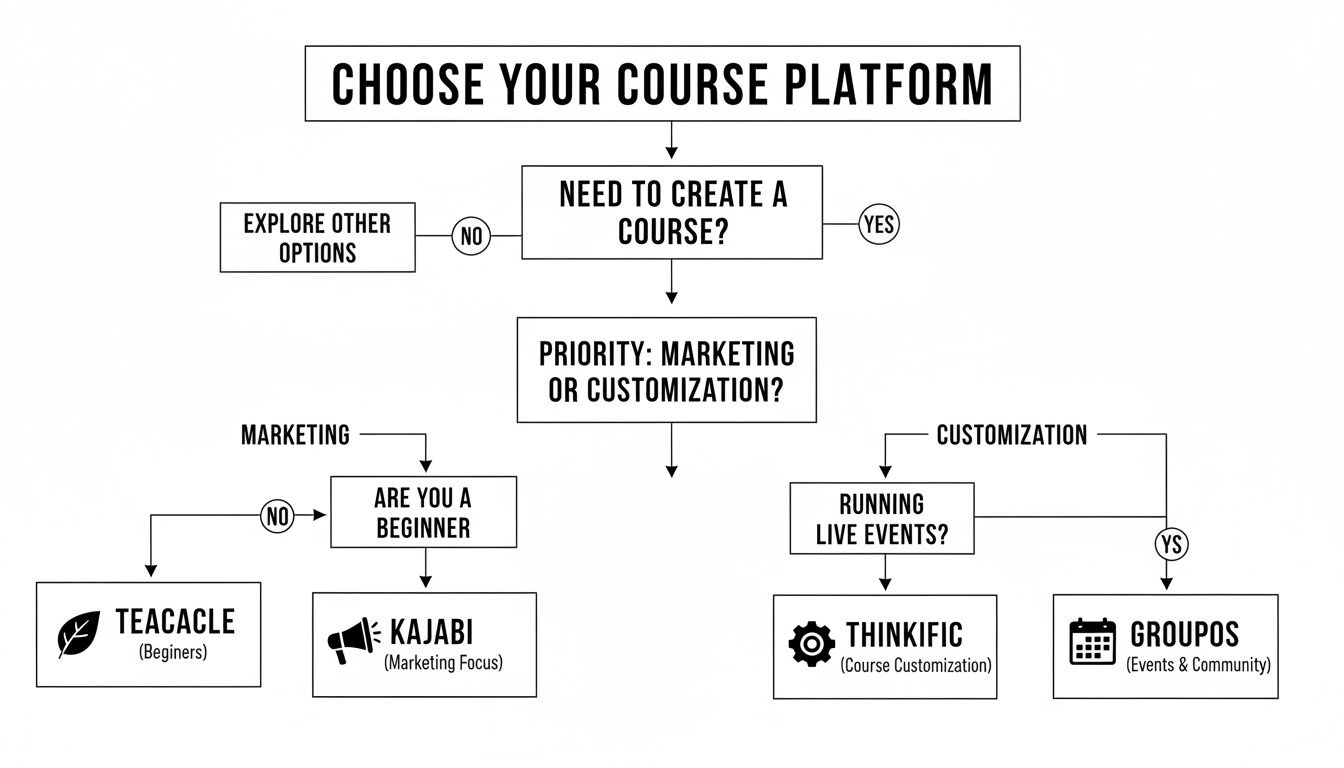 Flowchart guiding the selection of an online course platform based on marketing, customization, and beginner needs.