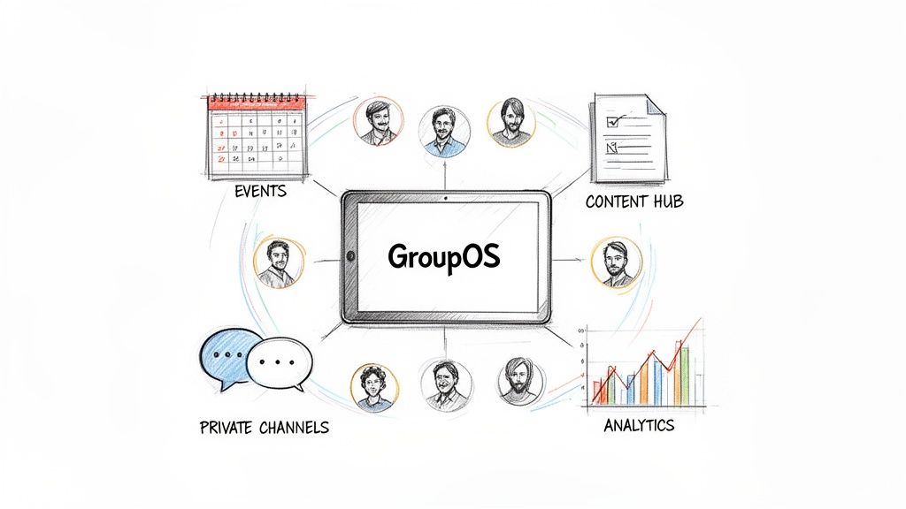 GroupOS digital platform integrating events, content, analytics, and private channels for community collaboration among users.