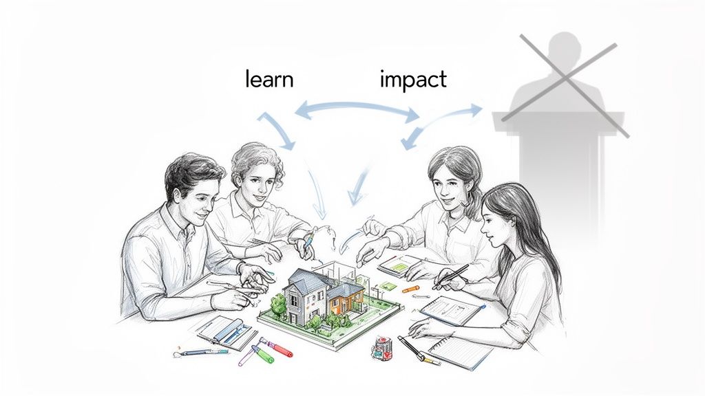 Four people collaborate around a house model, connecting 'learn' and 'impact,' emphasizing community-based learning over lectures.