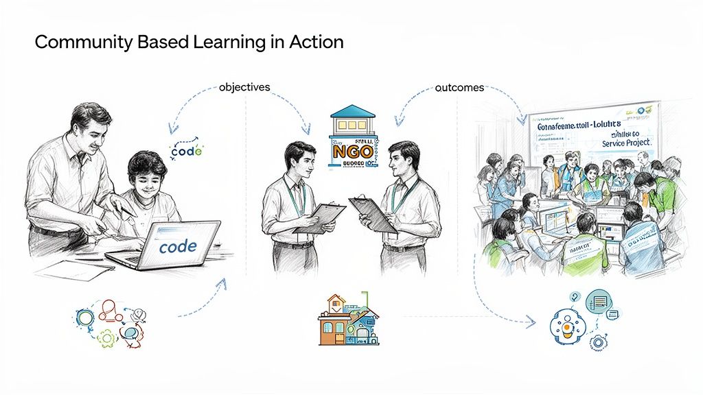 Illustration showing community-based learning stages: coding instruction, NGO collaboration, and group service project outcomes.