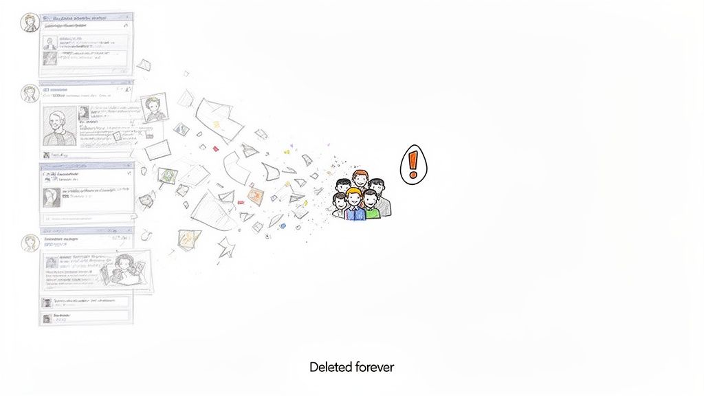 Social media posts and profiles disintegrating, flying towards a worried group, illustrating content deleted forever.