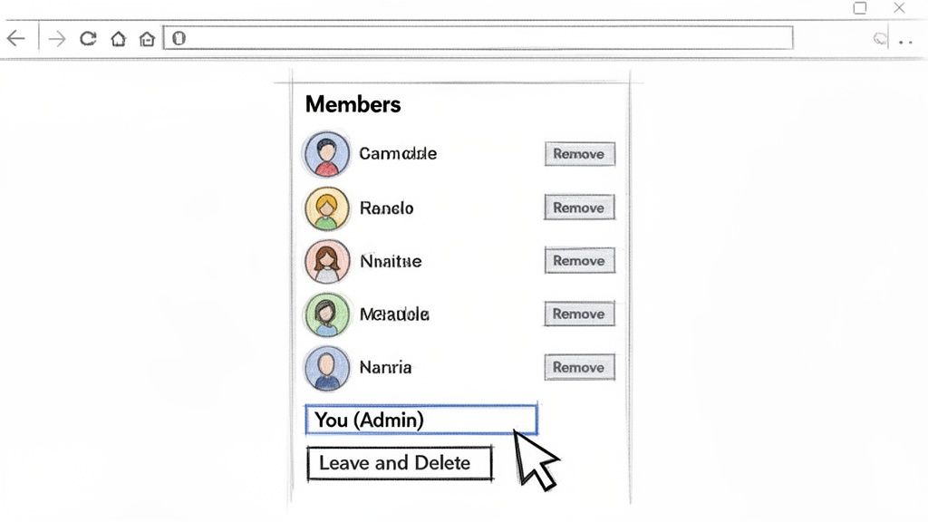 Web page displaying group members, 'Remove' buttons, and admin option to 'Leave and Delete' the group.