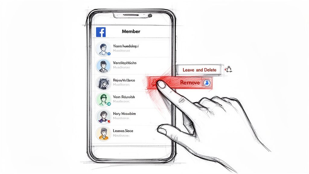 A hand presses a 'Remove' button on a smartphone showing a Facebook group member list.