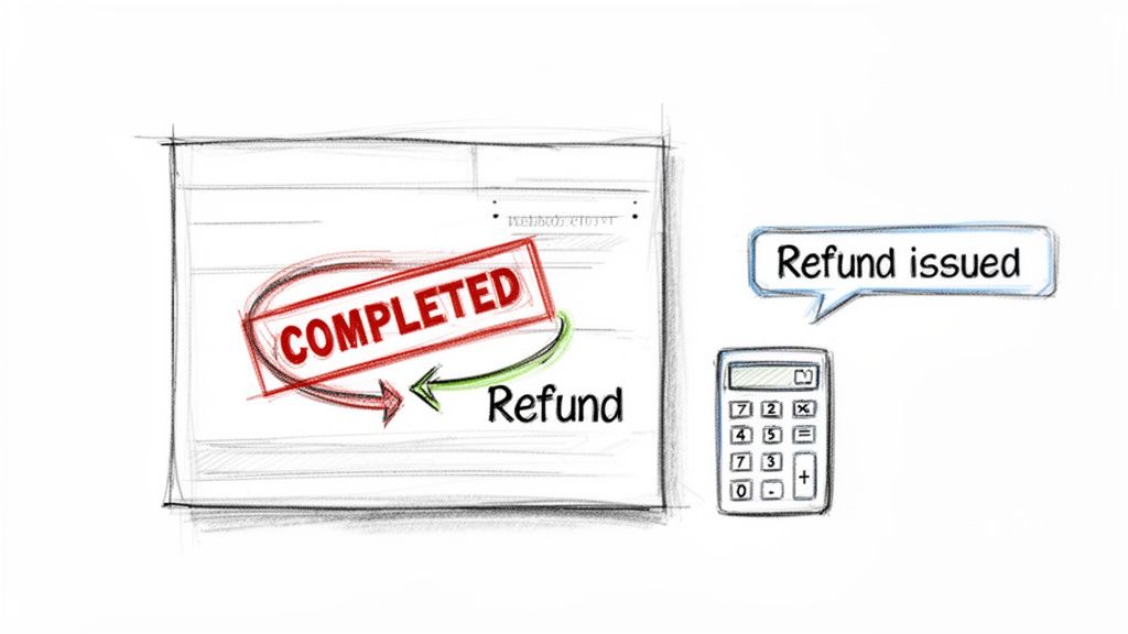 Sketch illustrating a 'COMPLETED' document with 'Refund' arrows, a calculator, and 'Refund issued' message.