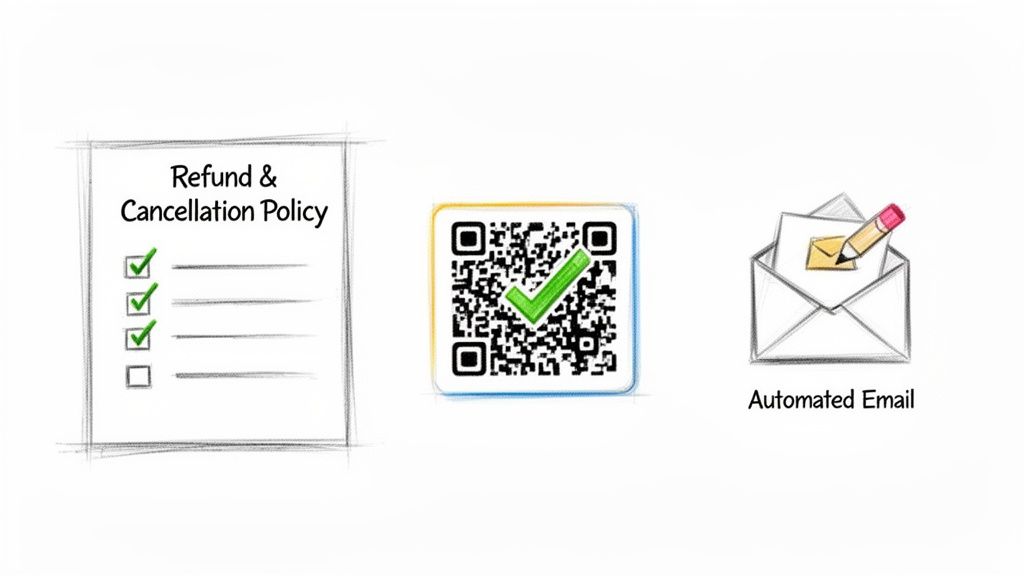 Illustrates a refund policy checklist, QR code with check, and an automated email for confirmation.