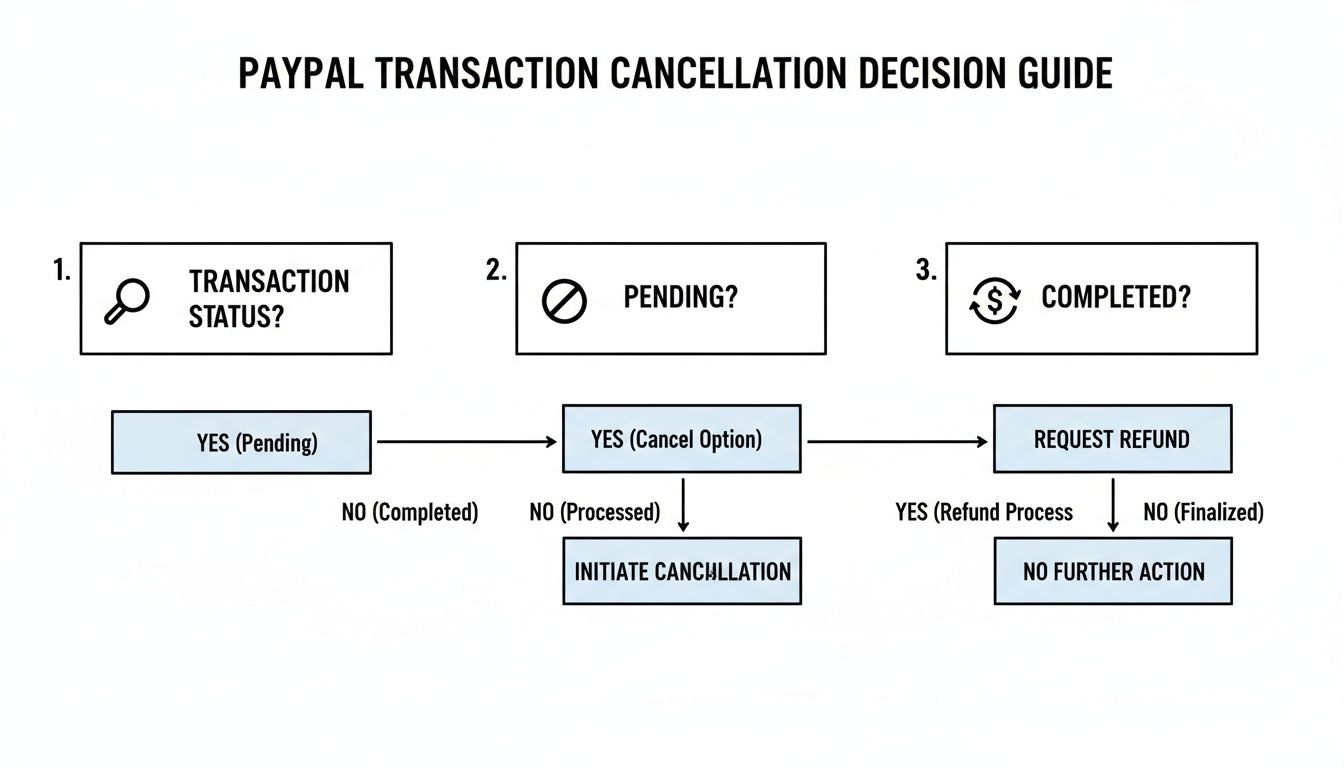 Flowchart illustrating the decision process for canceling PayPal transactions based on status.