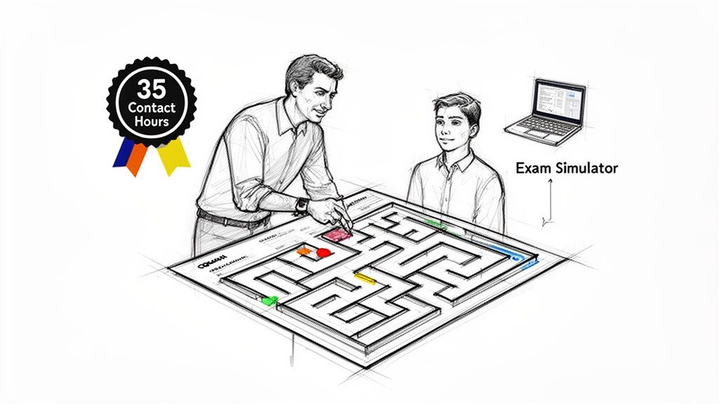 Instructor and student learn with a maze game, 35 contact hours, and exam simulator preparation.