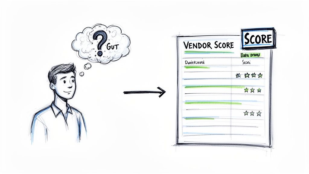 A man contemplates "Good?" leading to a vendor scorecard with ratings for various criteria.