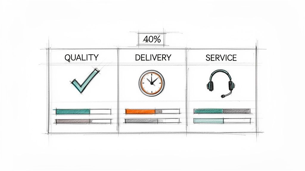 Hand-drawn sketch of a vendor scorecard template showing quality, delivery, and service metrics.