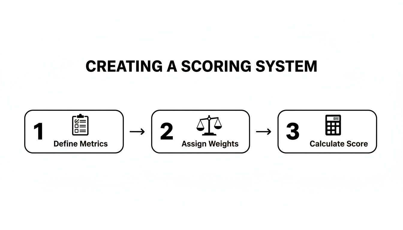 A diagram illustrating three steps for creating a scoring system: Define Metrics, Assign Weights, and Calculate Score.