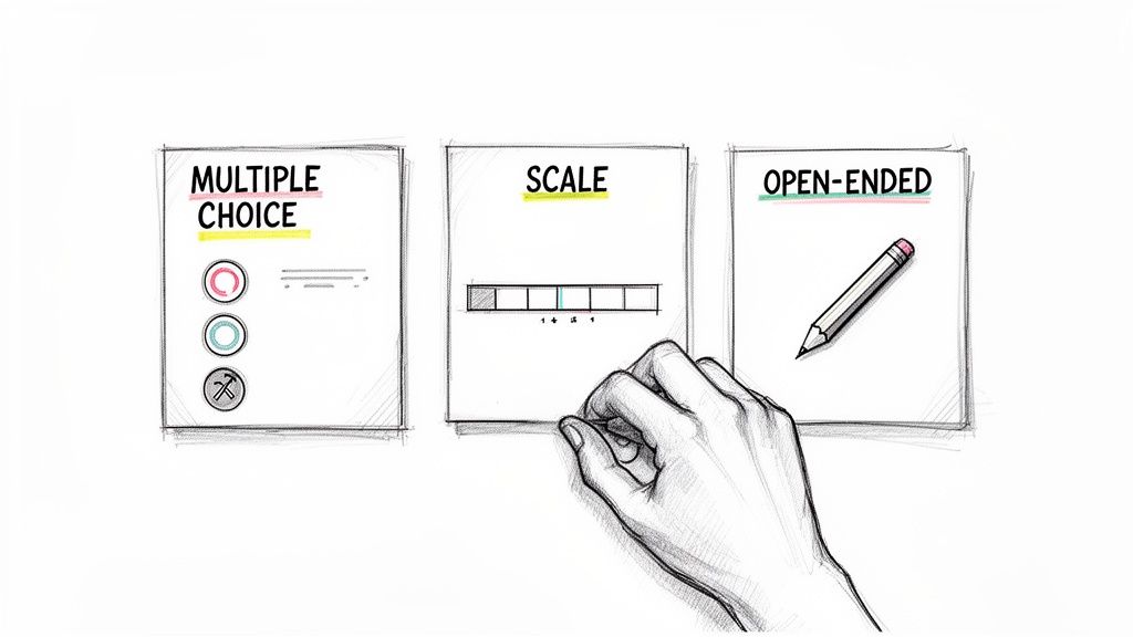 Three whiteboard sketches illustrate different survey question types: multiple choice, scale, and open-ended, with a hand.