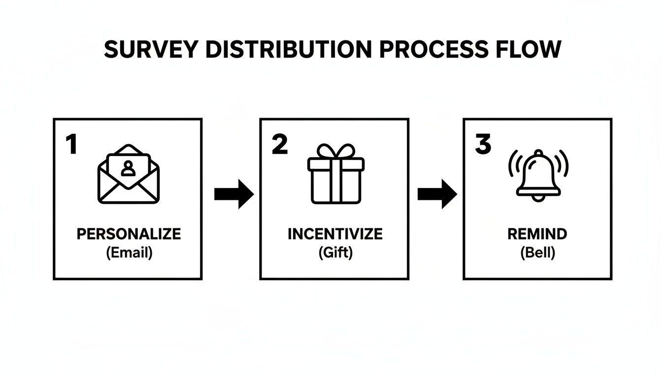 Flowchart detailing the survey distribution process with steps for personalization, incentives, and reminders.