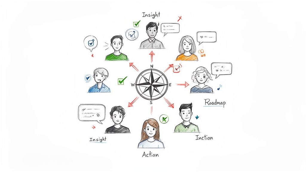 Illustration of community feedback and decision-making process with people and a compass.