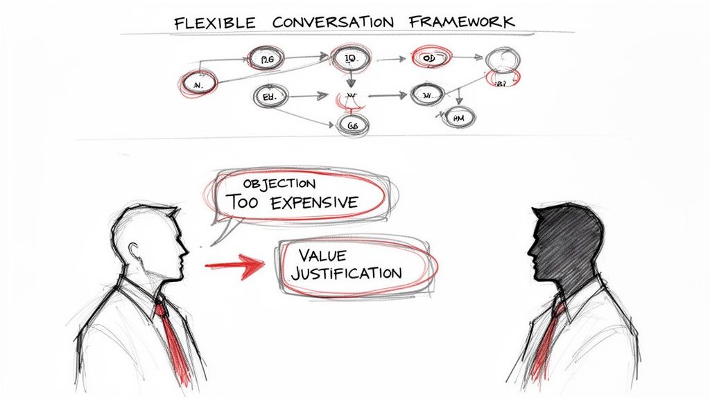 A diagram illustrating a flexible conversation framework flowchart and two people discussing objection handling with value justification.