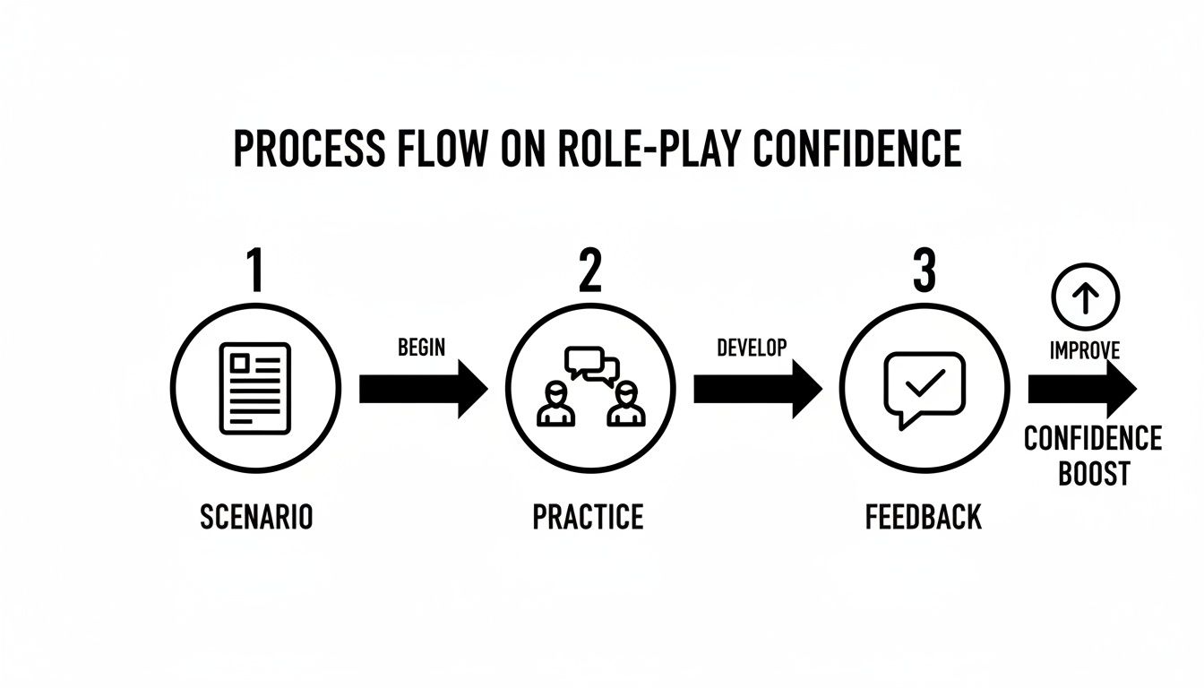 Flowchart illustrating a 3-step process to build role-play confidence: scenario, practice, and feedback.