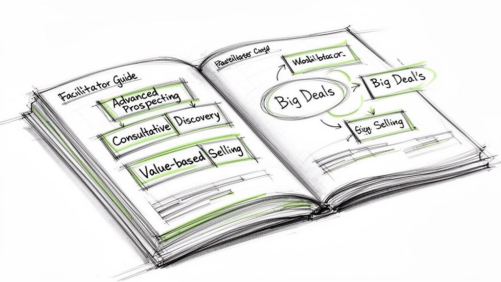 A hand-drawn diagram in an open book showing a sales process for achieving 'Big Deals'.