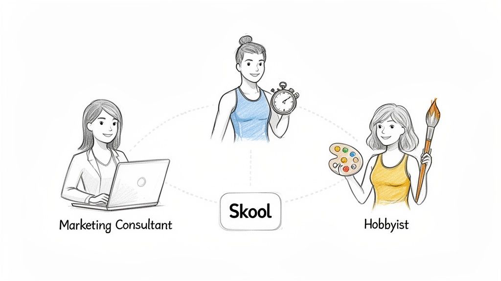 Illustration showing a marketing consultant, an athlete, and a hobbyist connected to the Skool platform.