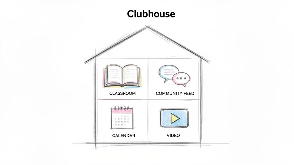 A sketch of a house labeled 'Clubhouse' containing four sections: Classroom, Community Feed, Calendar, and Video.