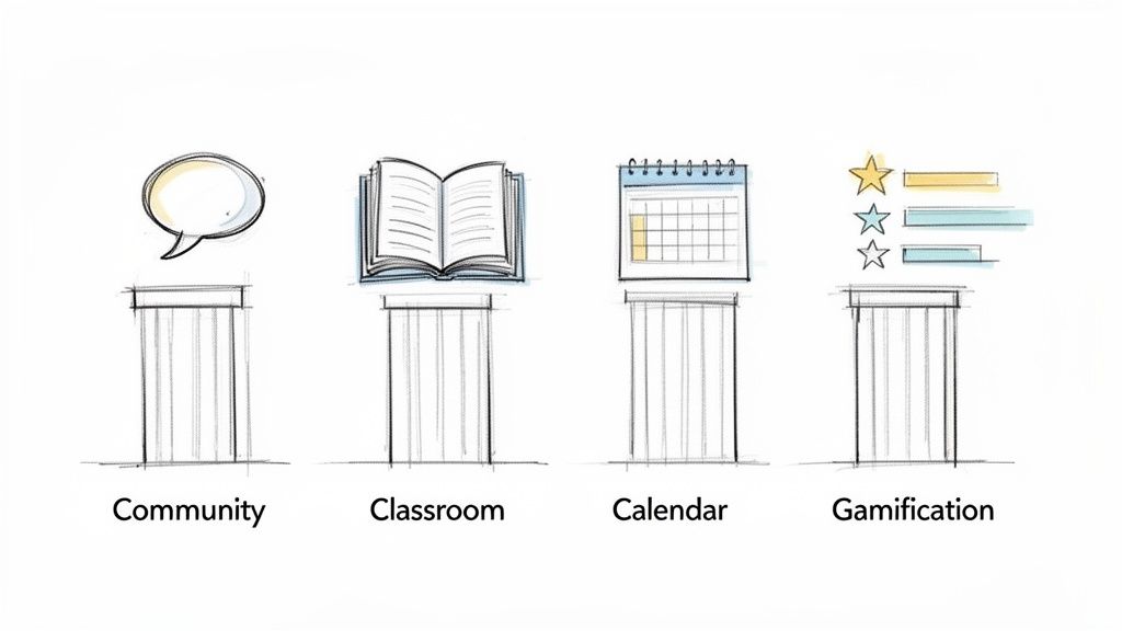 Four pillars symbolize community, classroom, calendar, and gamification for an online learning platform.