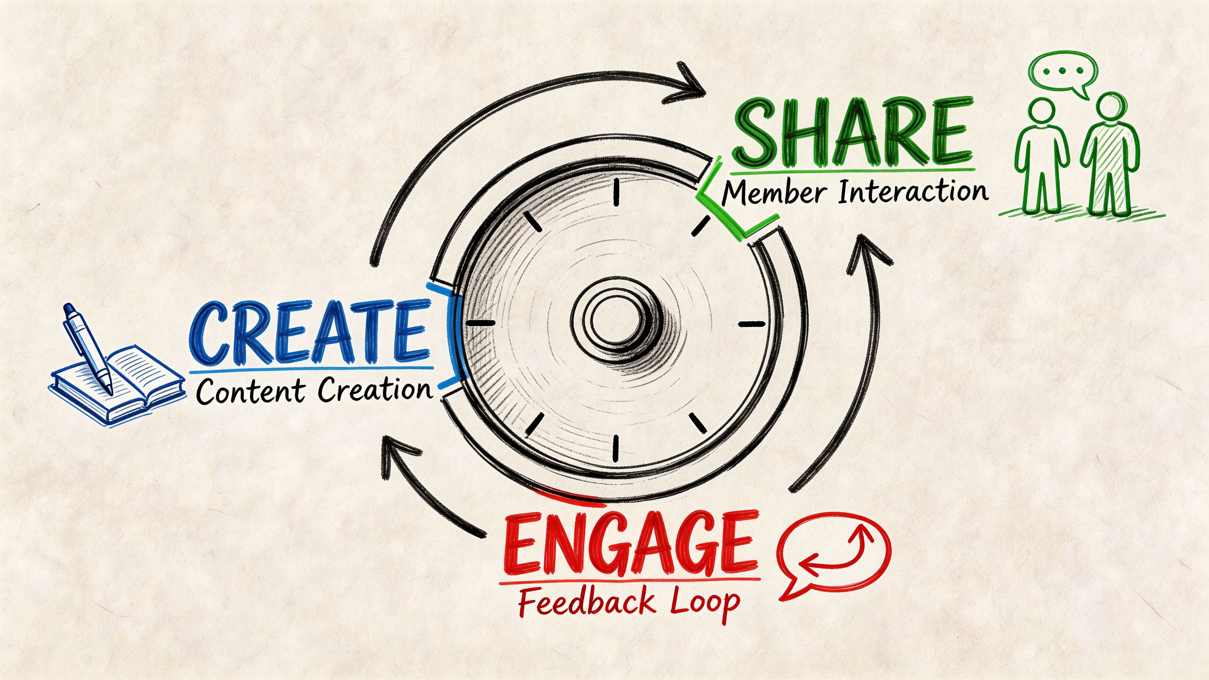 A hand-drawn illustration showing the cycle of community management: creating content, sharing, and engaging through a feedback loop.