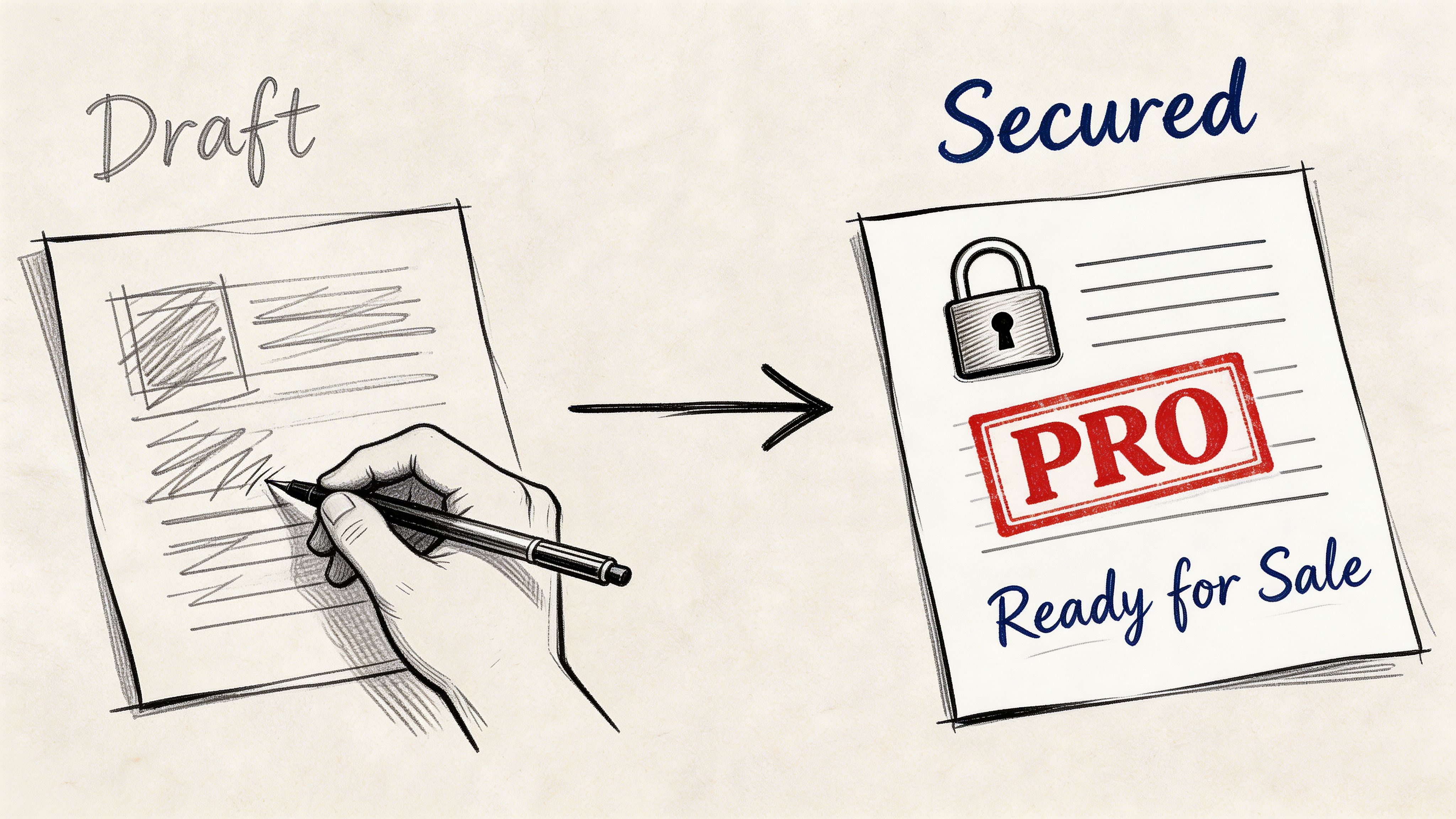 A hand drafting a document on the left, transitioning into a secured, locked document ready for professional sale.