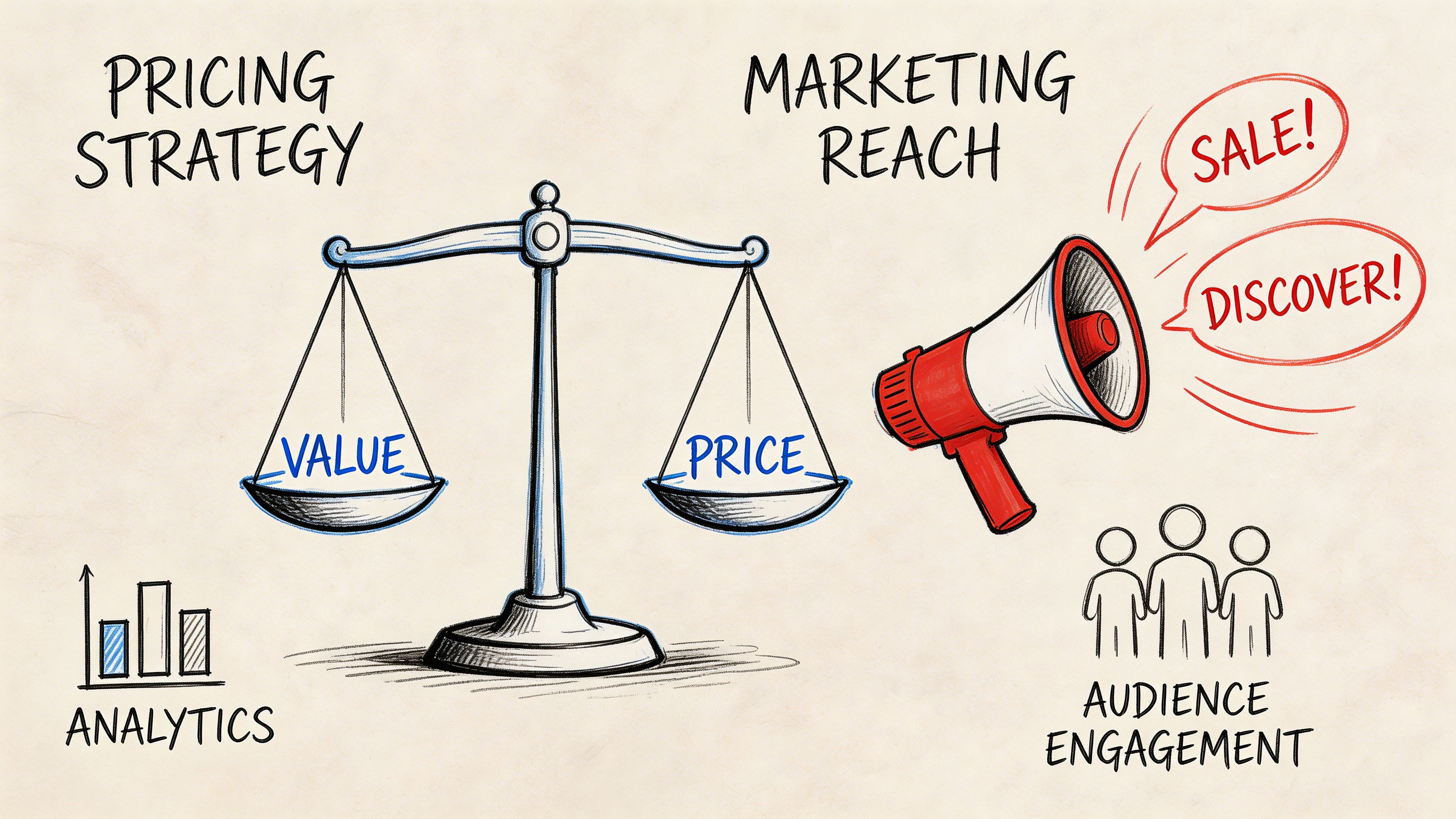 A conceptual illustration showing a balance scale for pricing strategy and a megaphone for marketing reach.