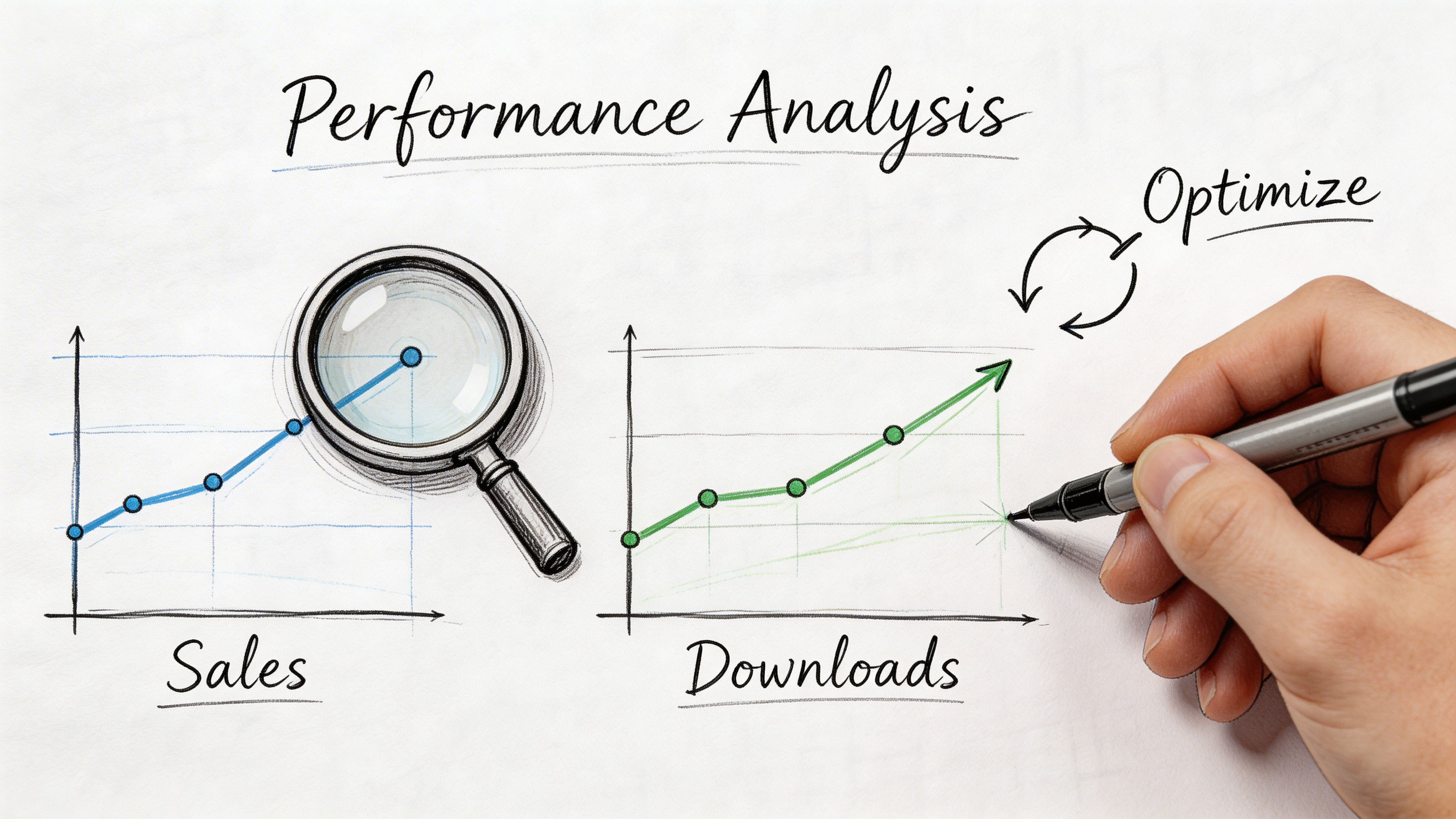 A hand drawing a line graph to optimize download performance, placed next to a magnifying glass over sales.