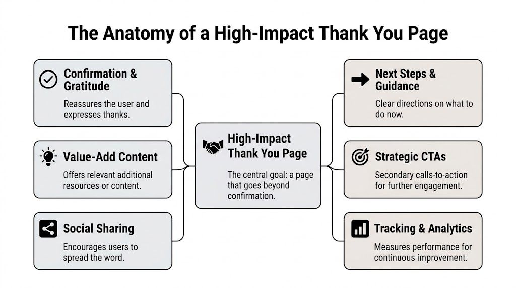 A diagram illustrating the key elements of a high-impact thank you page for website optimization.