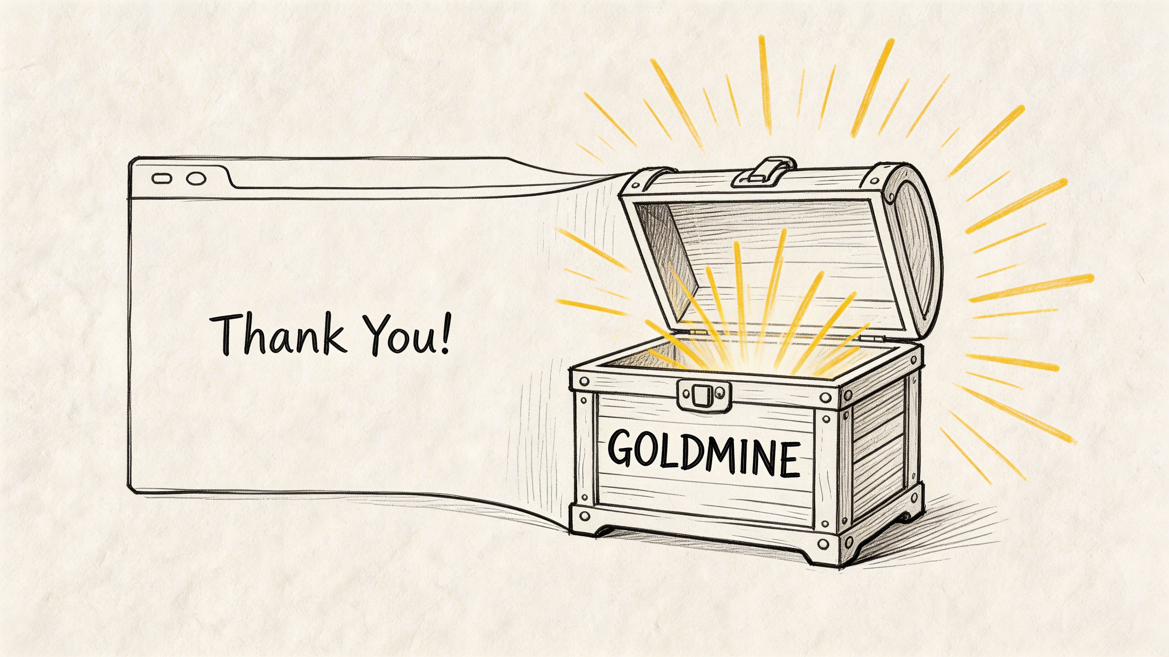 A line art sketch of a thank you page connected to an open golden treasure chest labeled goldmine.