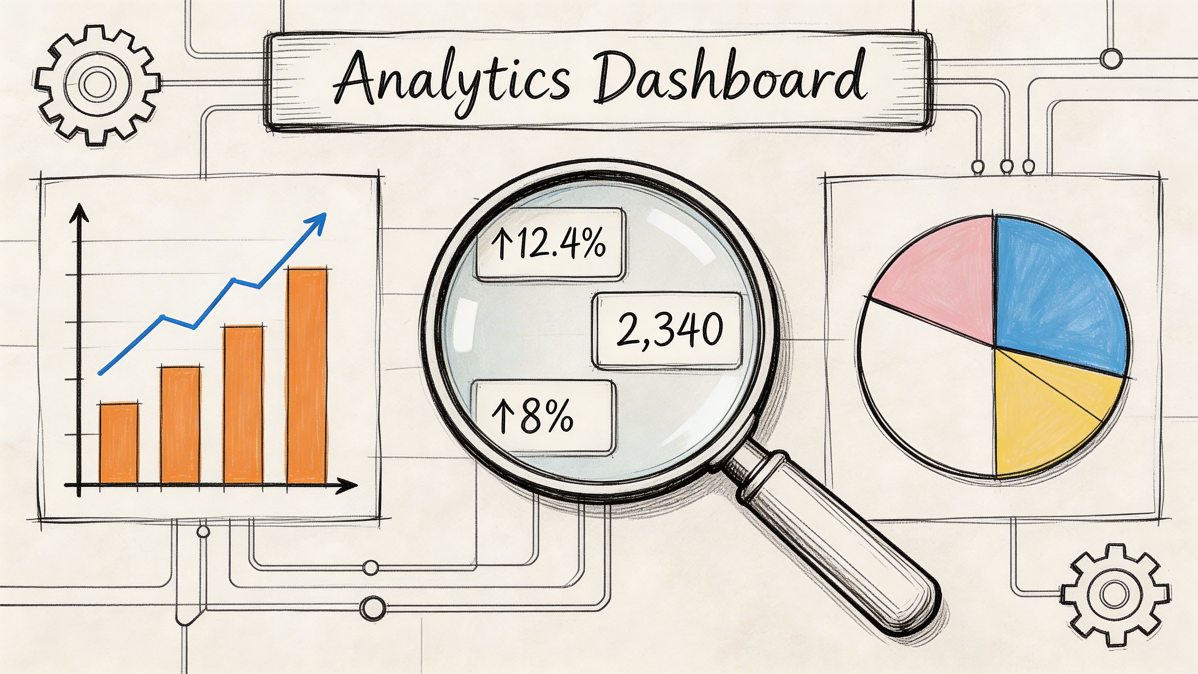 A hand-drawn sketch of an analytics dashboard featuring charts, graphs, and a magnifying glass revealing key statistics.