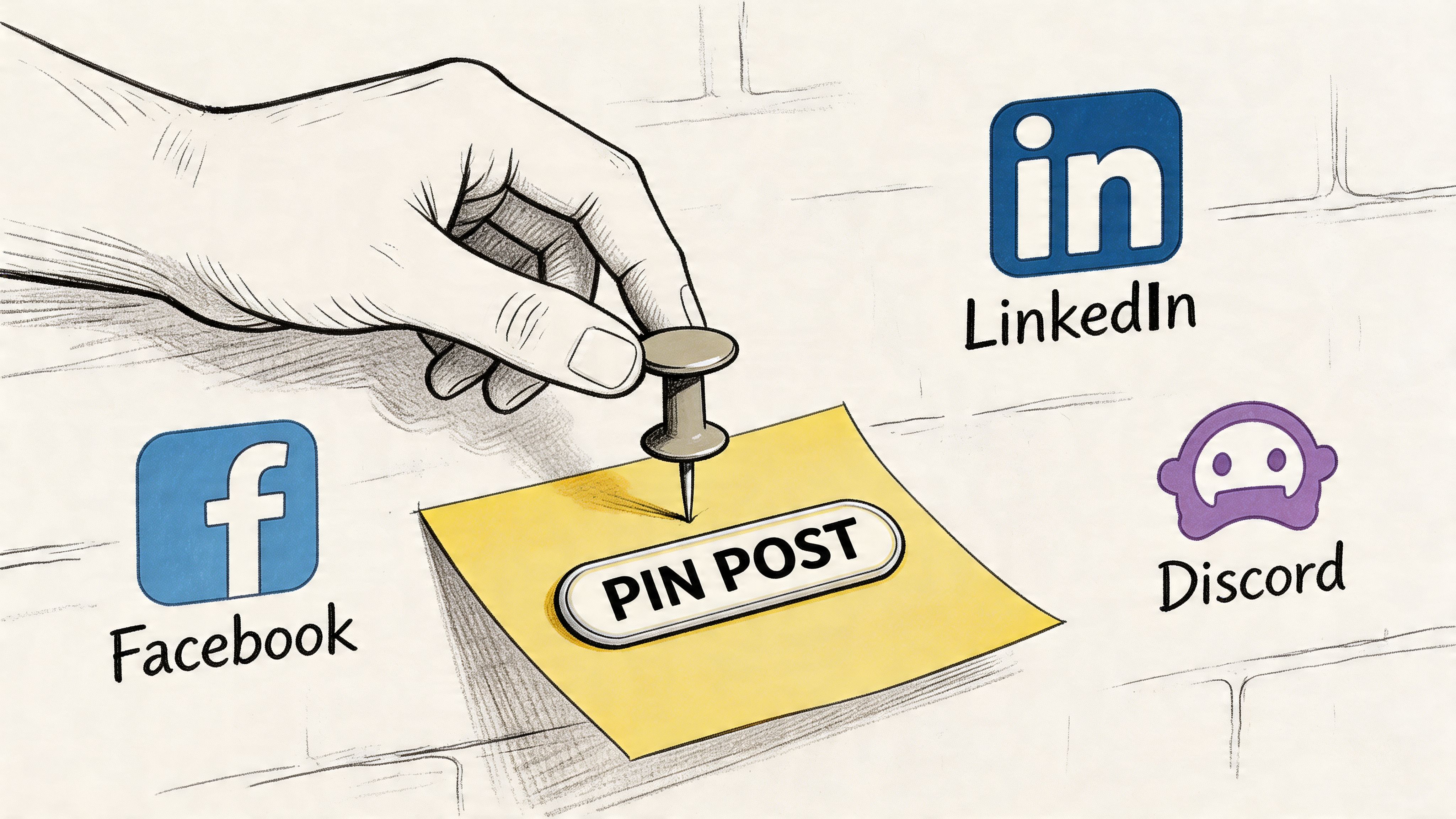 A hand pinning a yellow sticky note labeled 'PIN POST' with social media platform icons nearby.