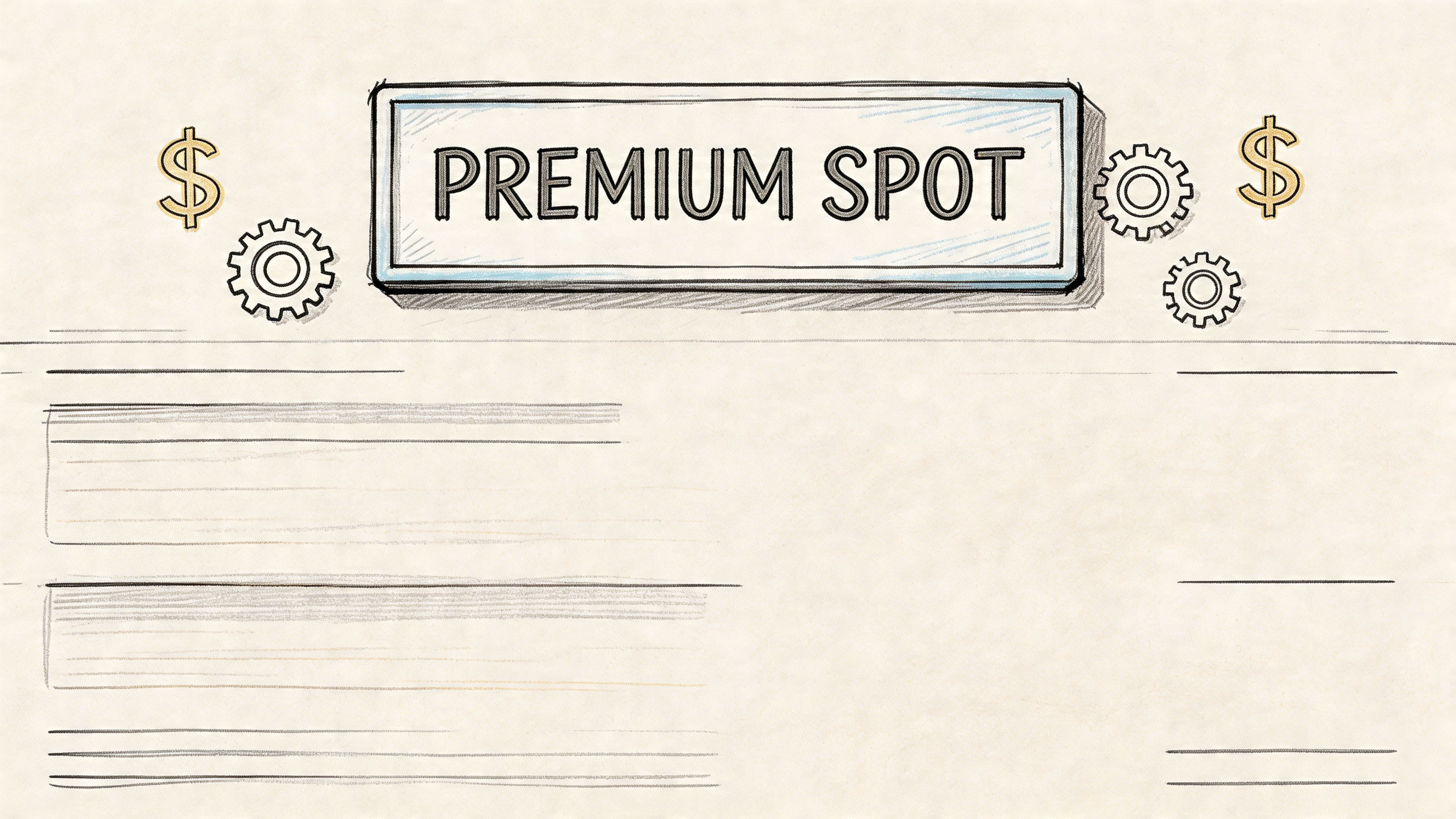 An illustration with the text Premium Spot, surrounding dollar signs and gears on a textured background.