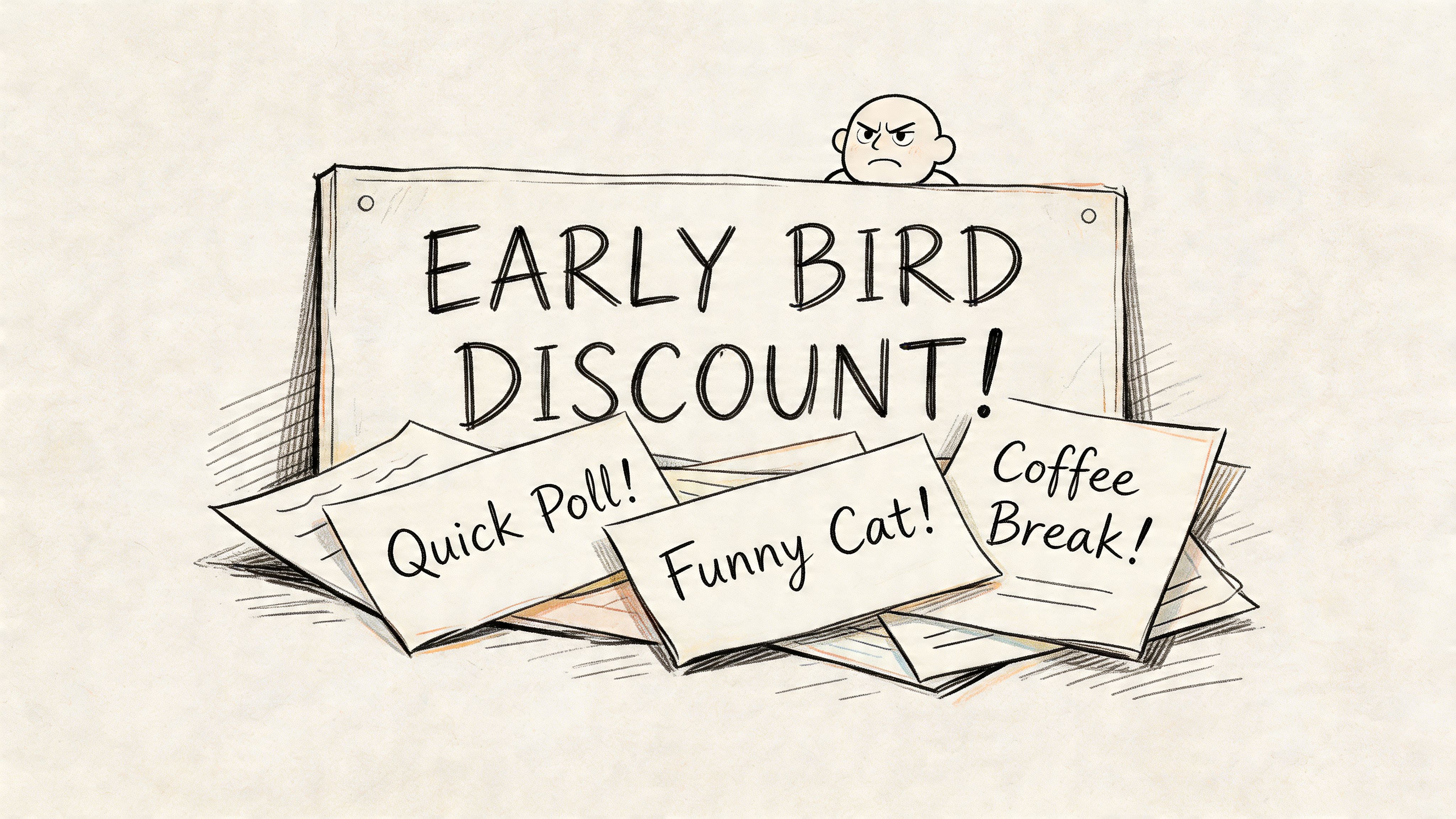 A hand-drawn illustration showing a sign labeled Early Bird Discount with smaller notes about poll, cat, and coffee.
