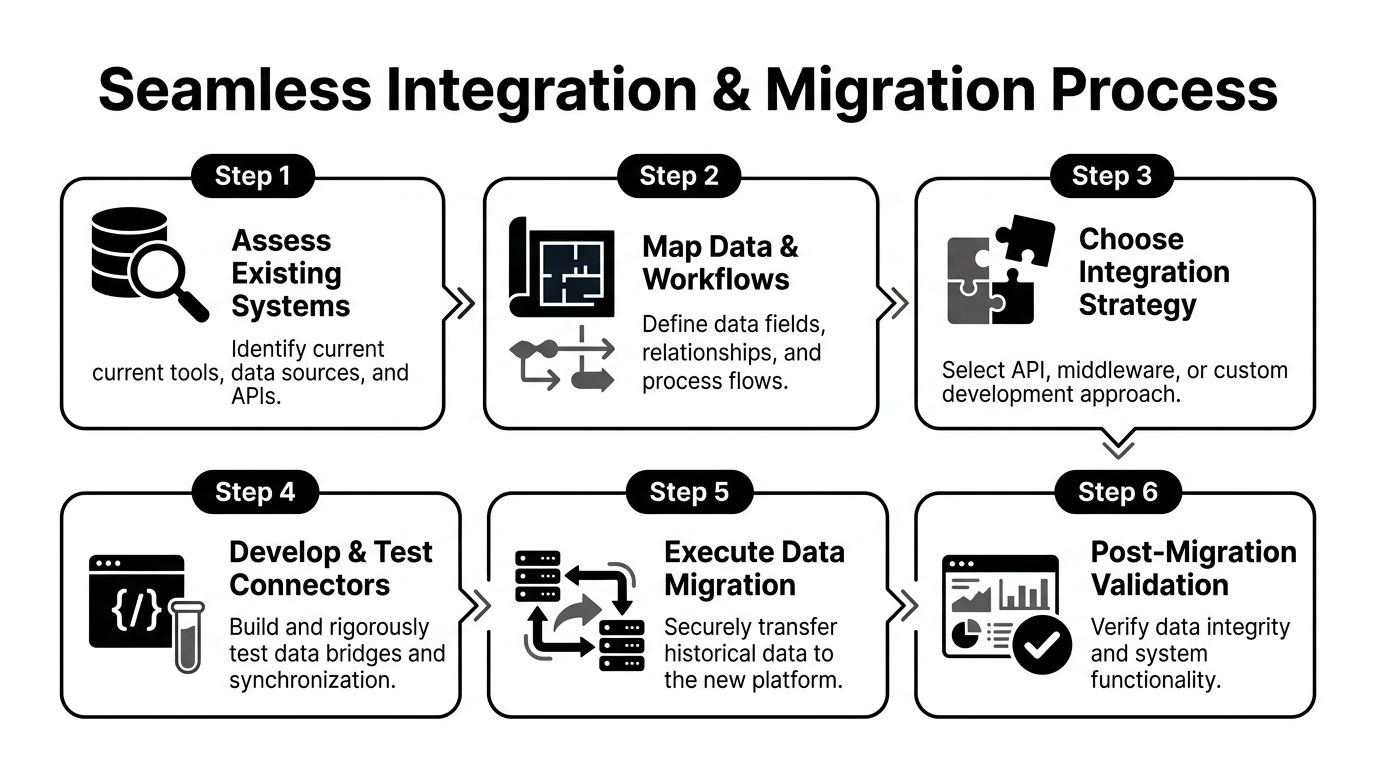 A six-step infographic illustrating the seamless integration and migration process for enterprise software systems.