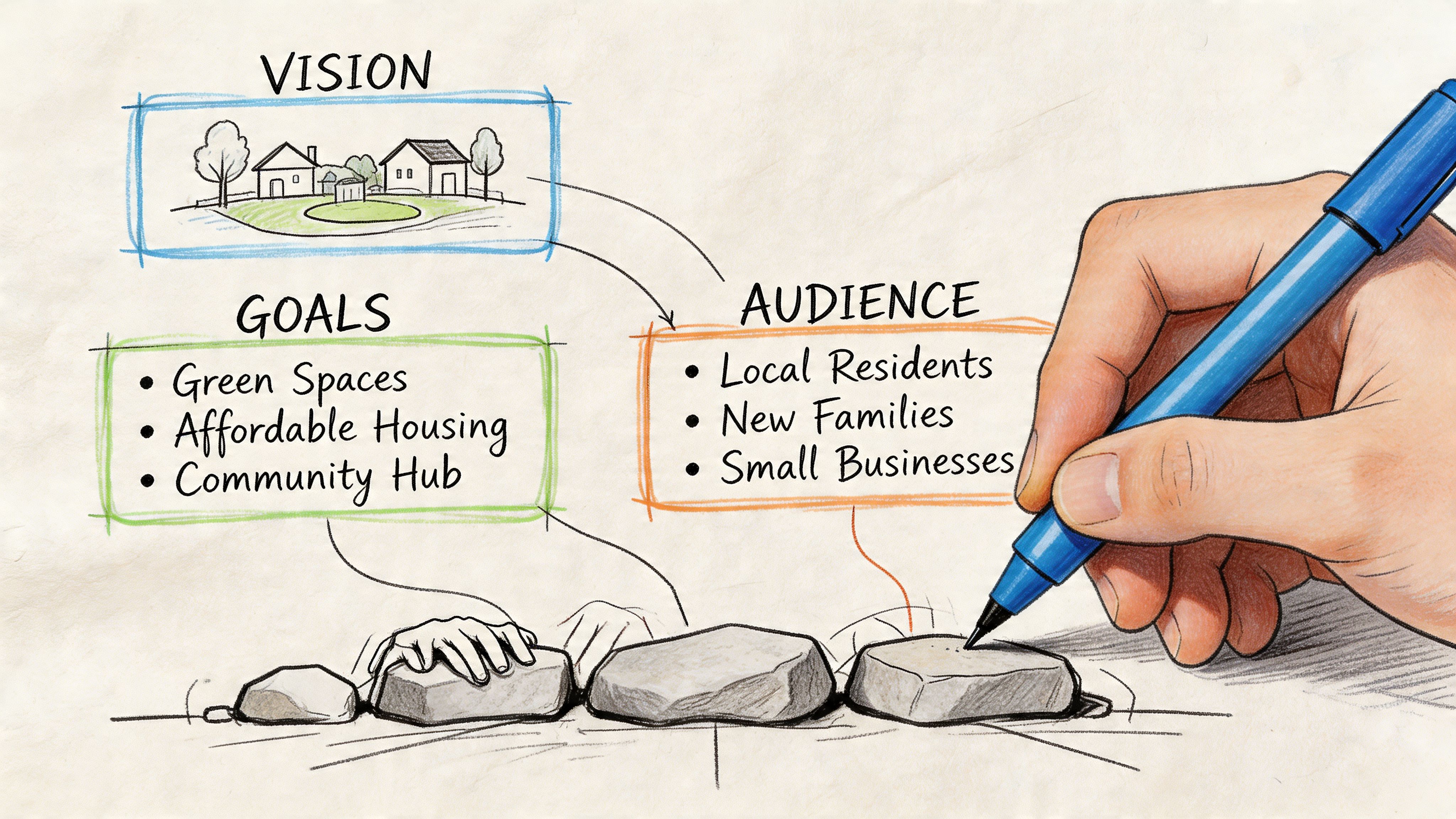 A hand sketching a visual plan showing community vision, goals, audience, and rocks on paper.