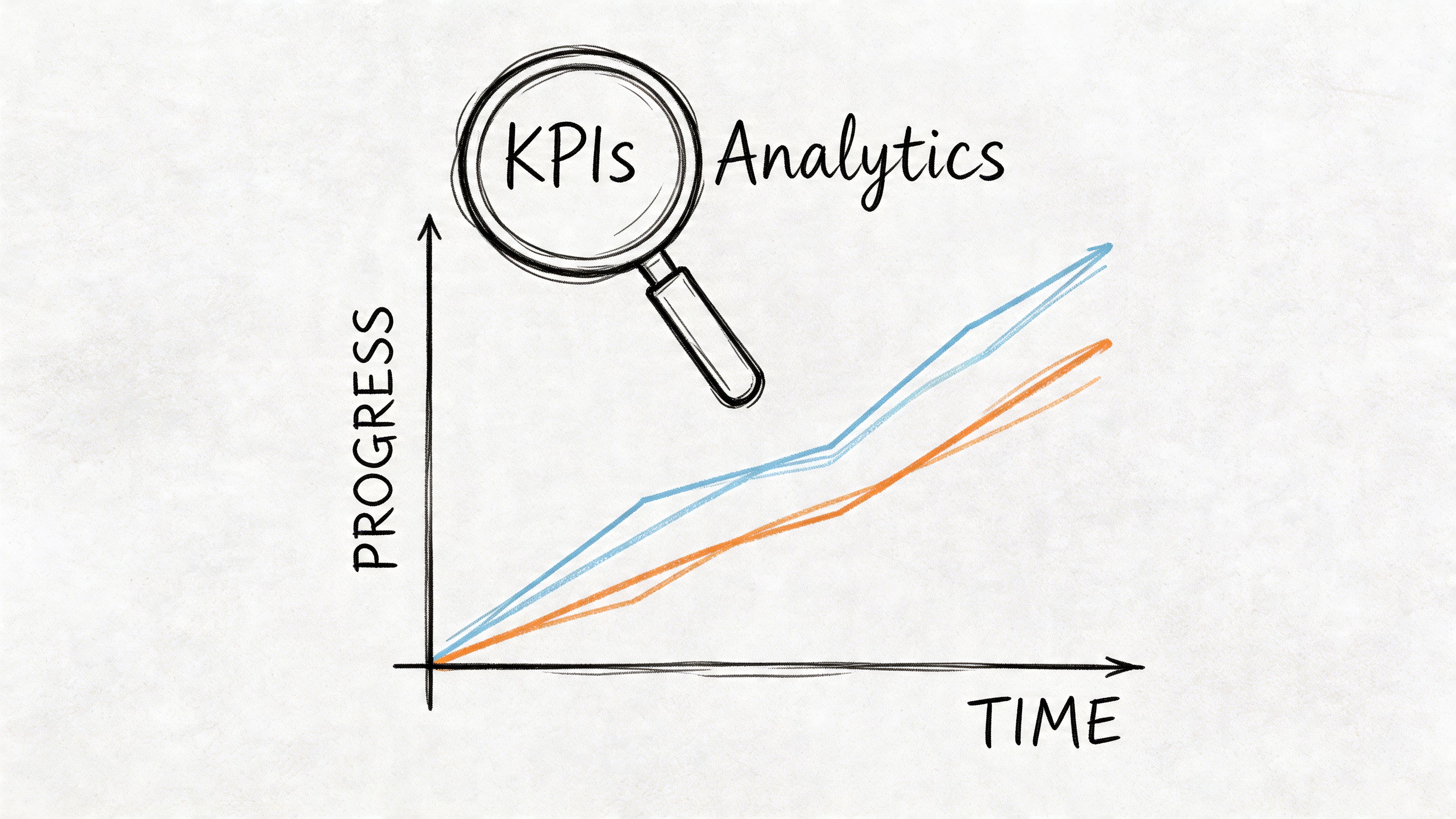 A hand-drawn illustration showing a magnifying glass over KPI analytics with two upward trending line graphs.